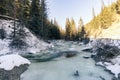 The rapid flow of the river among mountains and pines. Beautiful winter landscape. Crystal clear water in the river. Royalty Free Stock Photo