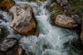 Rapid and powerful water flow between large rocks, close-up. Boulders in cold mountain river. Natural backgrounds Royalty Free Stock Photo