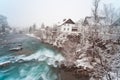 Rapid rocky river in winter. Skofja Loka.