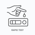 Rapid test flat line icon. Vector outline illustration of hand and express medical exam. Black thin linear pictogram for