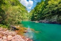 Rapid waters of the mountain Tara river. Splendid summer morning in Tara canyon, Montenegro, Europe. Beautiful world of Mediterran Royalty Free Stock Photo