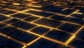 Rapidly scrolling blue text and programming symbols overlap on a deep black digital grid