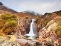 Rapids in small waterfall on stream, Higland in Scotland an early spring day. Snowy mountain peaks