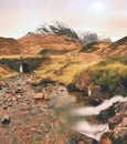 Rapids in small waterfall on stream, Higland in Scotland an early spring day. Snowy mountain peaks