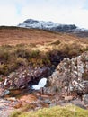 Rapids in small waterfall on stream, Higland in Scotland an early spring day. Snowy mountain peaks