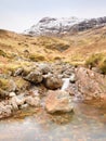 Rapids in small waterfall on stream, Higland in Scotland an early spring day. Snowy mountain peaks