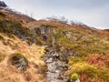 Rapids in small waterfall on stream, Higland in Scotland an early spring day. Snowy mountain peaks