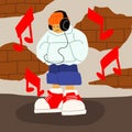 The rapper is standing in the corner listening to the music player, concept illustration image