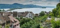 High angle view of the historic old town of Rapperswil with Lake Zurich behind