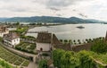 High angle view of the historic old town and rose gardens of Rapperswil with Lake Zurich behind