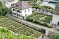 High angle view of the historic old town and rose gardens of Rapperswil with Lake Zurich behind