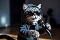 Rapping Cat in Hoodie and Hat on Stage. Royalty Free Stock Photo