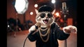 Rapping Cat in Hoodie and Hat on Stage. Royalty Free Stock Photo