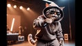 Rapping Cat in Hoodie and Hat on Stage. Royalty Free Stock Photo