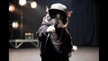 Rapping Cat in Hoodie and Hat on Stage. Royalty Free Stock Photo