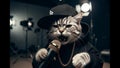 Rapping Cat in Hoodie and Hat on Stage. Royalty Free Stock Photo