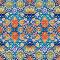 Pattern of artistic flourishes intricate shapes for tapestry rapport in blue background. Generative AI