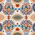 Pattern of artistic arab ornaments rosettes or mandalas in white background. Generative AI. Pattern mirrored repeat duplicates