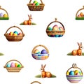 Wallpaper of baskets easter eggs and cute rabbits on white background for flips mirror. Pattern mirrored. Generative AI