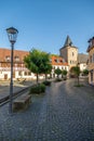 Rapportierplatz with water fountain and Untertor in Meisenheim Royalty Free Stock Photo