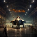 Raptor Aircraft preparing for a night takeoff , war plane silhouette with cinematic lighting, ready to go. War Concept