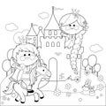 Rapunzel fairy tale princess at the castle and prince riding a horse. Vector black and white coloring page Royalty Free Stock Photo