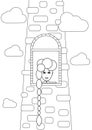 Rapunzel melancholy sad girl with long hair waiting from stone castle window. Big fairy old stone tower, Rapunzel woman and clouds