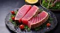 Rare ahi tuna steak slices with fresh herbs. Generative AI Royalty Free Stock Photo