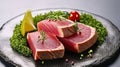 Rare ahi tuna steak slices with fresh herbs. Generative AI Royalty Free Stock Photo