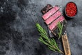 Rare Ahi tuna steak slices on a meat cleaver. Black background. Top view. Copy space Royalty Free Stock Photo