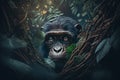 Rare animal, endangered species, wild life disaster concept. Portrait of chimpanzee in jungle, frightened mammal peeking out of