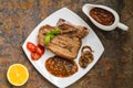 Rare Beef steak medium grilled with barbecue sauce. Old table. Top view Royalty Free Stock Photo