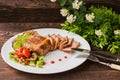 Rare Beef steak medium grilled with barbecue sauce. Wooden table. Top view. Close-up Royalty Free Stock Photo