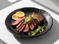 rare beef steak plated on textured black dish Royalty Free Stock Photo