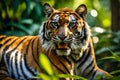 Rare Bengal tiger in lush Indian jungle