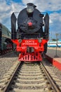 Rare black and red steam train Sergo Ordzhonikidze in the museum of steam locomotives at the Riga station