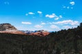 Rare landscape of South Guardian Angel from the top. Hoodoo and trees, Zion National Park - Image. Blue sky, bright colors