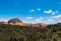 Rare landscape of South Guardian Angel from the top. Hoodoo and trees, Zion National Park - Image. Blue sky, bright colors