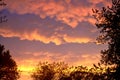 Rare Mammatus Clouds reflect brilliant orange after a Storm in the Midwest during Summer. Royalty Free Stock Photo