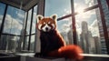 A rare red panda peacefully residing in a modern urban dwelling, highlighting the bond between humans and wildlife.