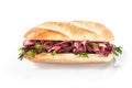 Rare roast beef and fresh rocket on a baguette Royalty Free Stock Photo