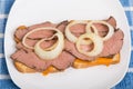 Rare Roast Beef and Sliced Onion Sandwich on White Plate Royalty Free Stock Photo