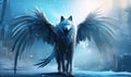 A rare sight: a wolf adorned in blue feathers with majestic wings