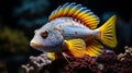 Rare silver yellow fish species in ocean, marine inhabitants among the corals, exotic aquarium