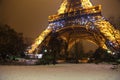 Rare snow in Paris near Eiffel Tower