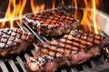 Rare steak being cooked on an iron grill, flam broiled