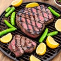 Rare steak being cooked on an iron grill, flam broiled