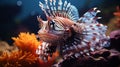 Rare striped spiny fish species in ocean, marine inhabitants among the corals, Exotic Aquarium Royalty Free Stock Photo