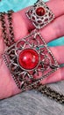 Rare & Unique Vintage Designer 2 Detachable Pendents with Red Coral Stones set in Silvertone Necklace