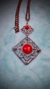 Rare & Unique Vintage Designer 2 Detachable Pendents with Red Coral Stones set in Silvertone Necklace